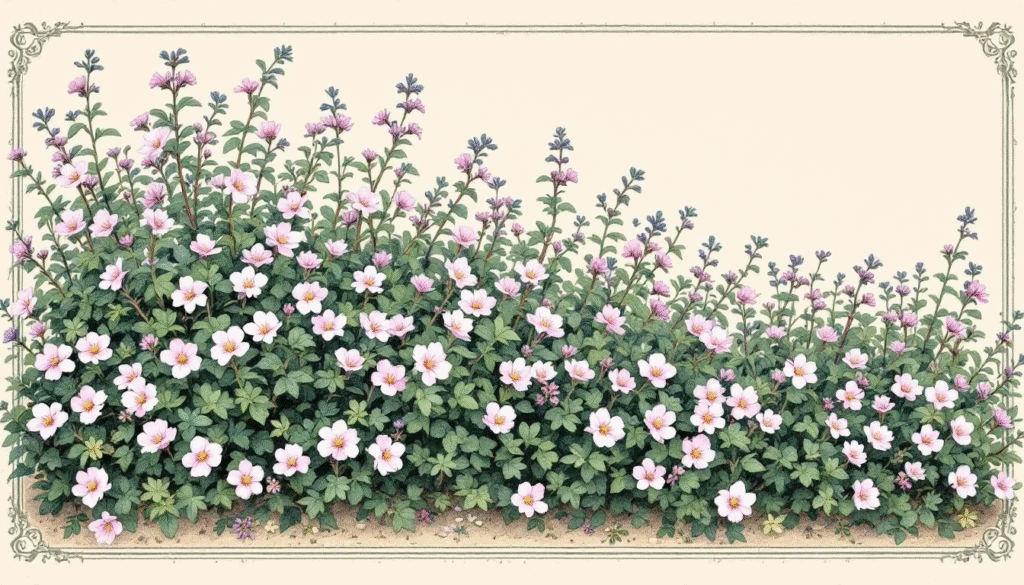 Creeping thyme used as ground cover in a landscaped area.